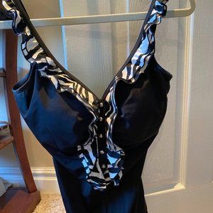 Maxine Black and White Ruffle Front One Piece Swimsuit Size 14